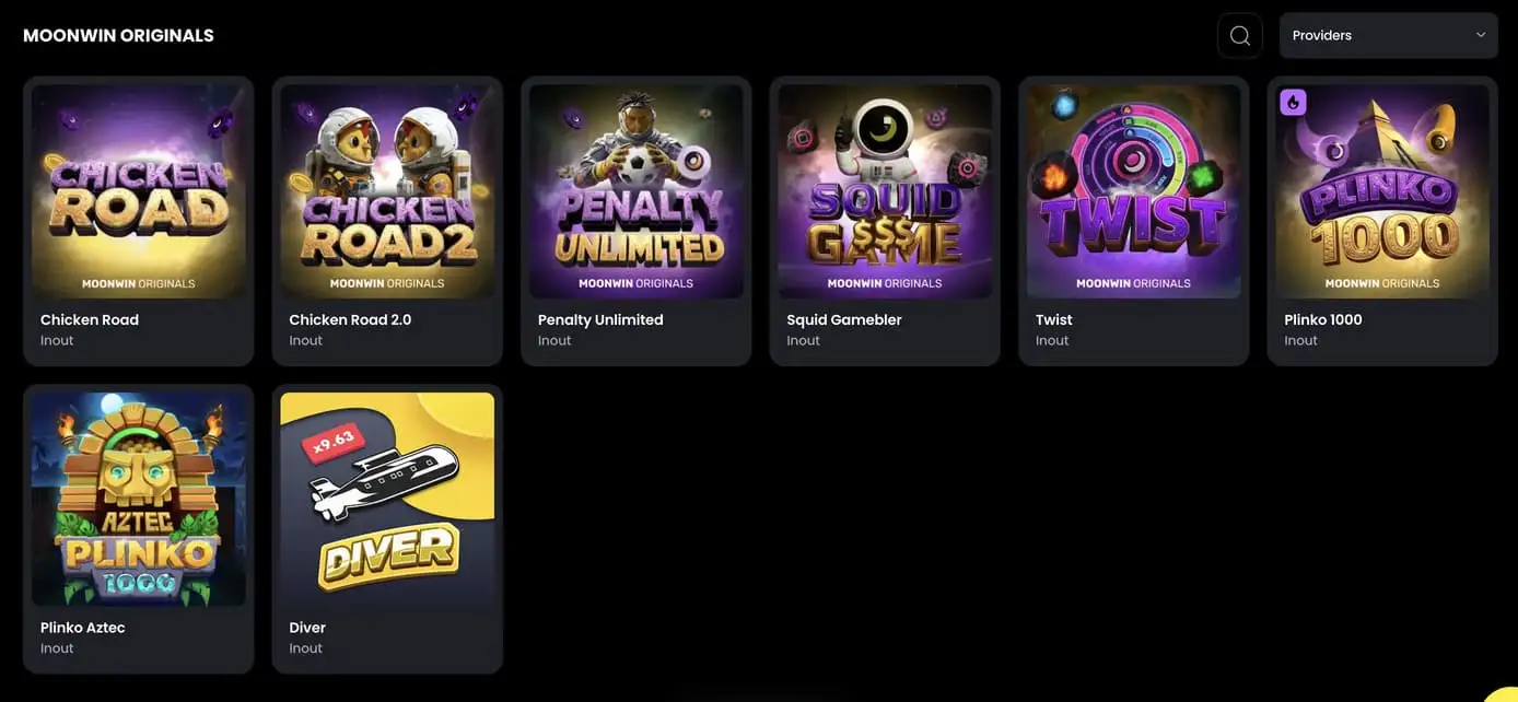 Moonwin Spiele-Seite mit vielfältigen Online Casino Spielen